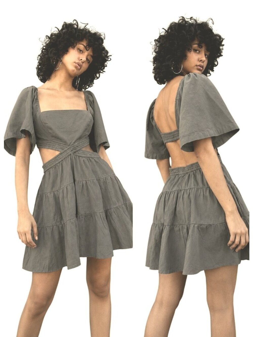 Free People Cross Of Sunlight Mini Dress XS Gray Puff Sleeve Cutout Boho Cotton